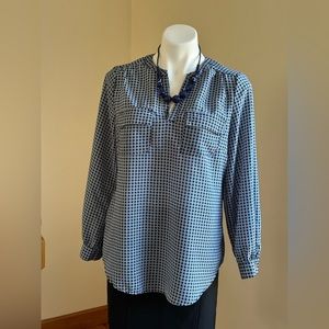 KENAR Blue & White Circle Blouse Design W Pockets In Front SZ M